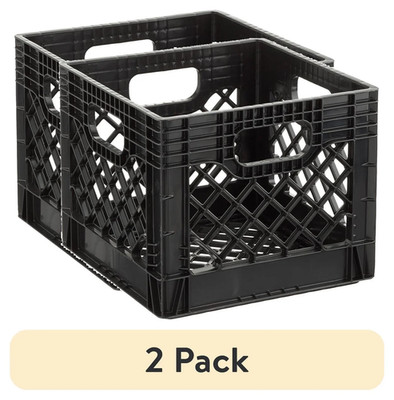 (2 Pack) 16QT Heavy-Duty Plastic Milk Crate Black with Built-In Handles