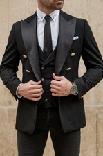 3 Teile Schwarz Herren Anzug Bräutigam zweireihig Abschlussballkleid Hochzeit