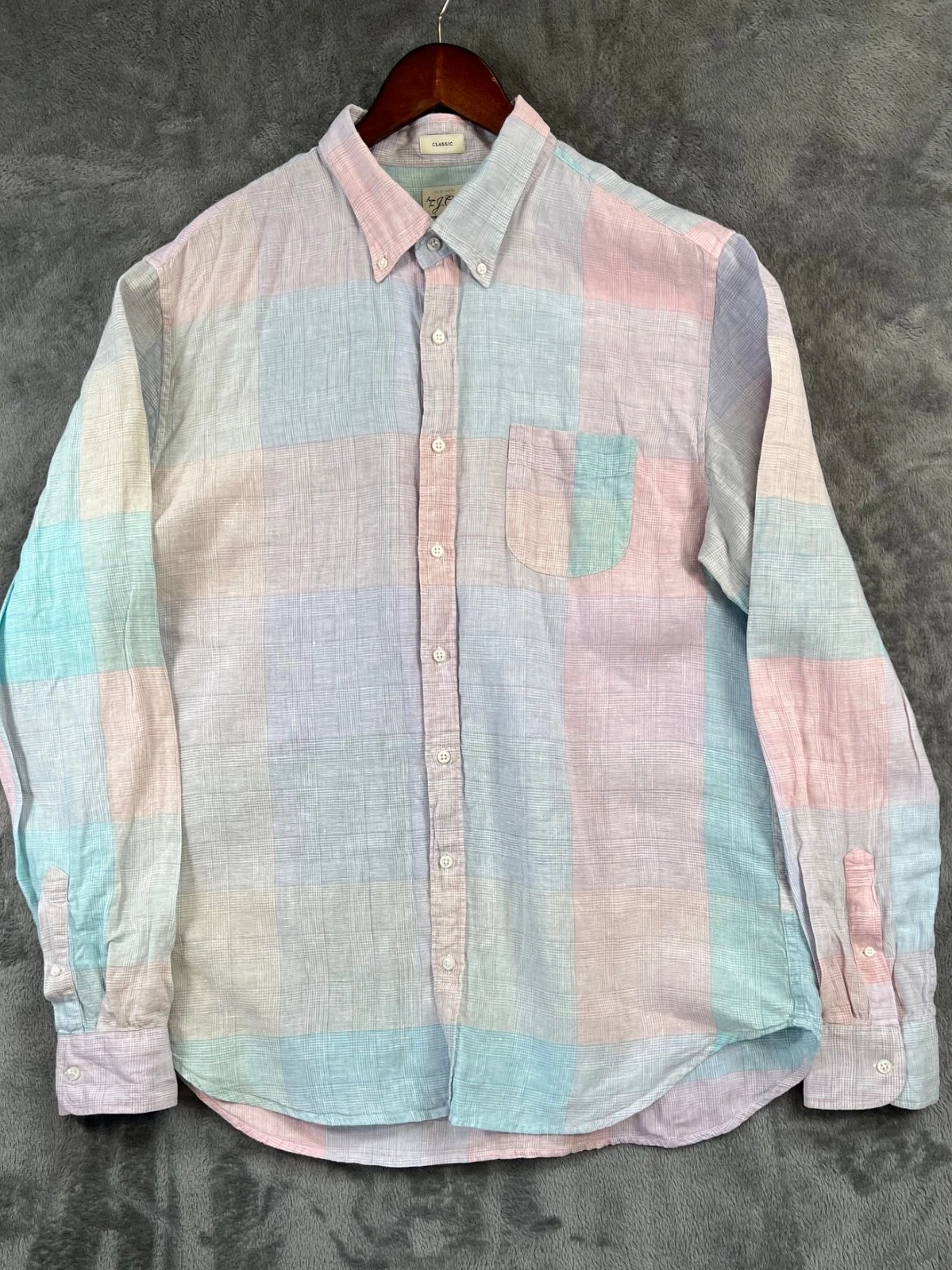 J Crew Irish Linen Shirt Mens XLT Pastel Plaid Long Sleeve Baird McNutt
Opens in a new window or tab