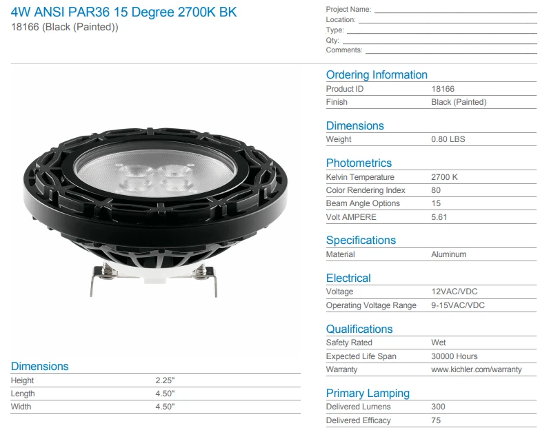 Lâmpada Kichler 18166 LED PAR36 4W 2700K 15° feixe 12V luz de paisagem – preta - Imagem 2 de 2