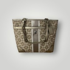 Coach Chelsea Heritage Signature Stripe Tote Handbag White Gold Immaculate Shape