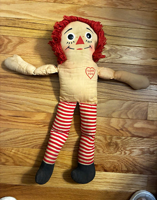 Raggedy Ann Rag & Cloth Doll Red Yarn Hair Striped Legs Soft Body I LOVE YOU