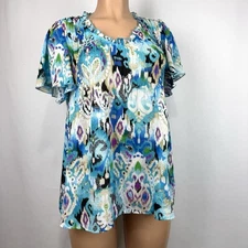 Sunny Leigh Women’s Sz L Top Blouse Shirt Blue Flowy Short Sleeve Ruffled Neck