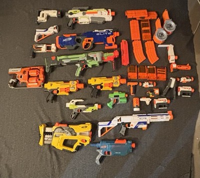 CRAZY NERF Lot - 11 Guns W/ Fully Loaded Clips + Modulus Attachments - Tested