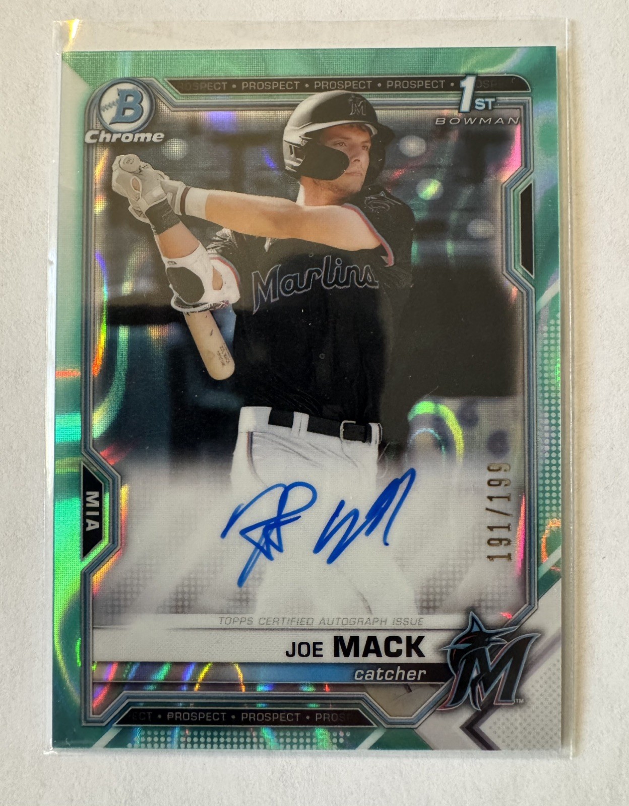 2021 Bowman Chrome Draft 1st - JOE MACK- Aqua Lava Refractor Auto #/199 Marlins!