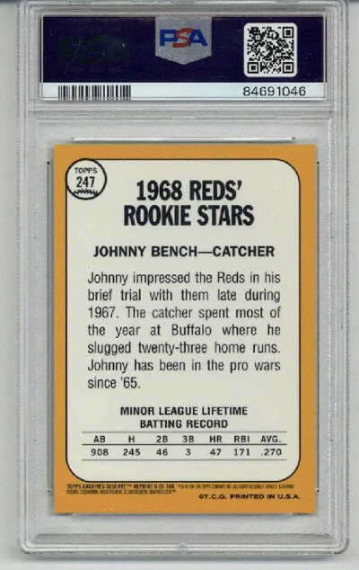 2001 TOPPS ARCHIVES RESERVE 1968 REPRINT REFRACTOR JOHNNY BENCH PSA 10 LOW POP - Image 2 of 2