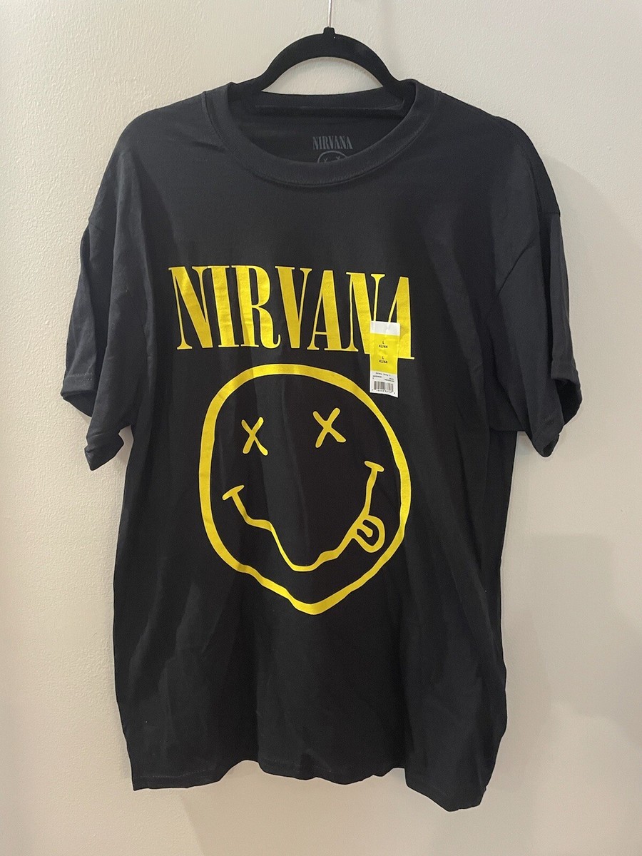 NWT NIRVANA T-Shirt Smiley Face Logo Front Sz L Black Short Sleeve