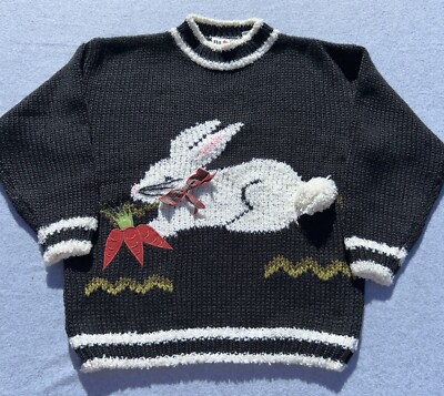 E.V.E. LTD VNTG  Womens M/L Rabbit Bunny Sweater Hand Knit   Easter Spring