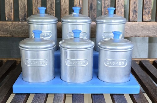 Vintage Art Deco Six Aluminium Canister Two Tier Bakelite Spice Stand - Picture 2 of 19