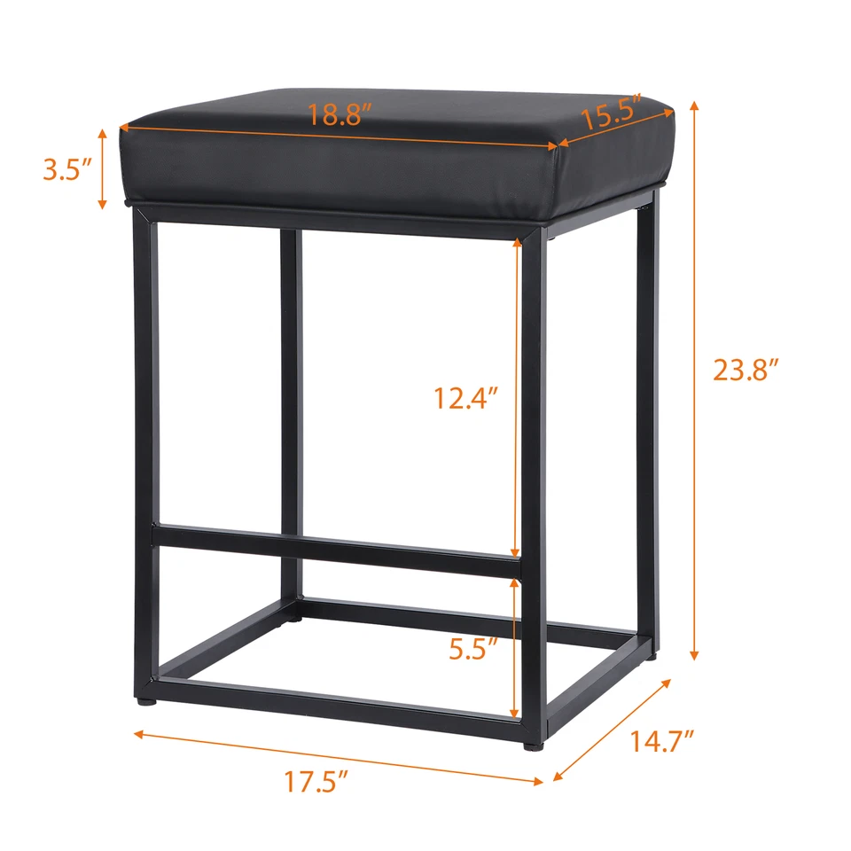 Set of 2 Black 24 Inch Backless Counter Bar Stools Faux Leather Seat for Kitchen - Image 2 of 4