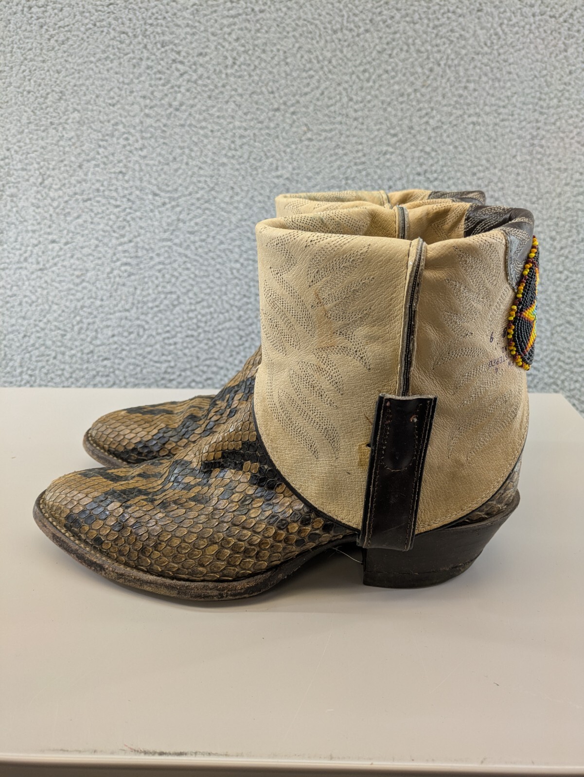 Justin Cowboy Boots Men's 8 D Snakeskin Leather Customized with beads folded