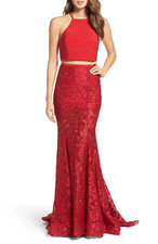 La Femme Jersey Lace Two-Piece Gown, Red, 2