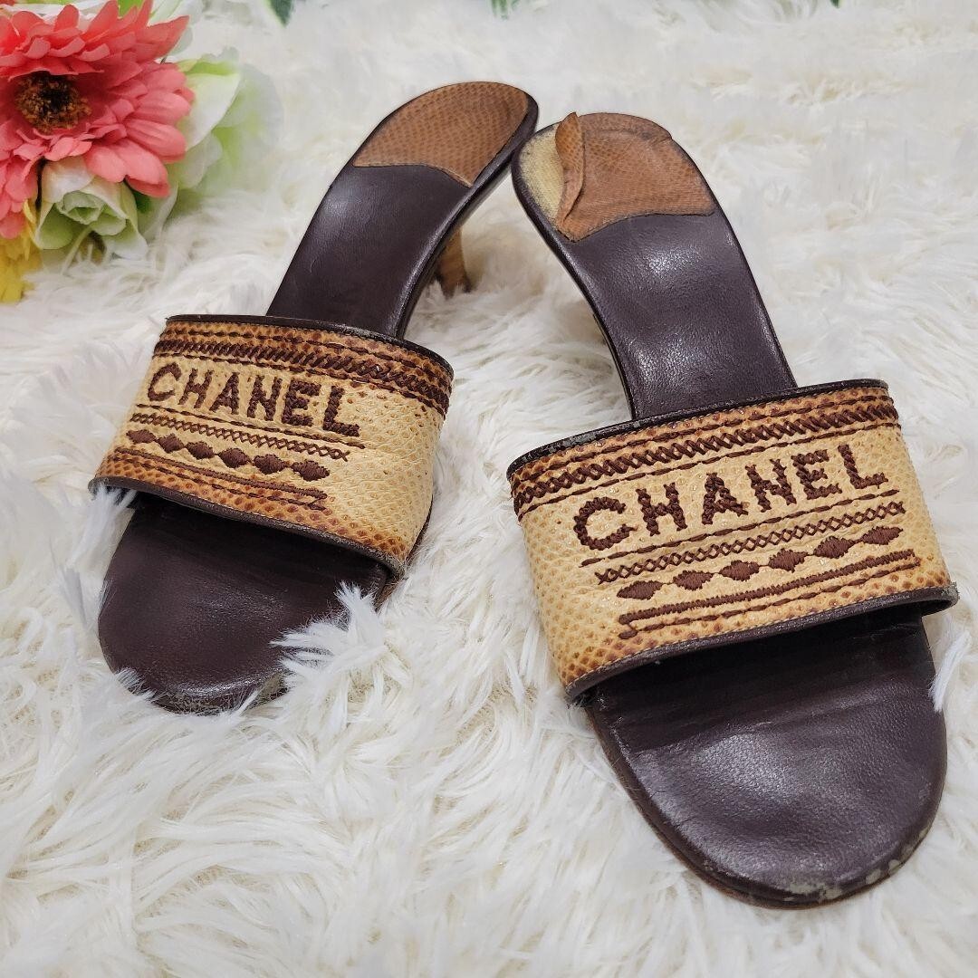 CHANEL Logo Heel Sandals Mules Pumps Shoes Women Size EU 35