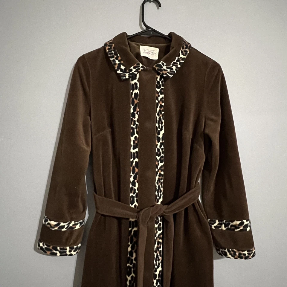 Bata Larga Vintage Vanity Fair Marrón Vellón Talla 14 Bolsillos Estampado Animal Borde Foto 3 de 4