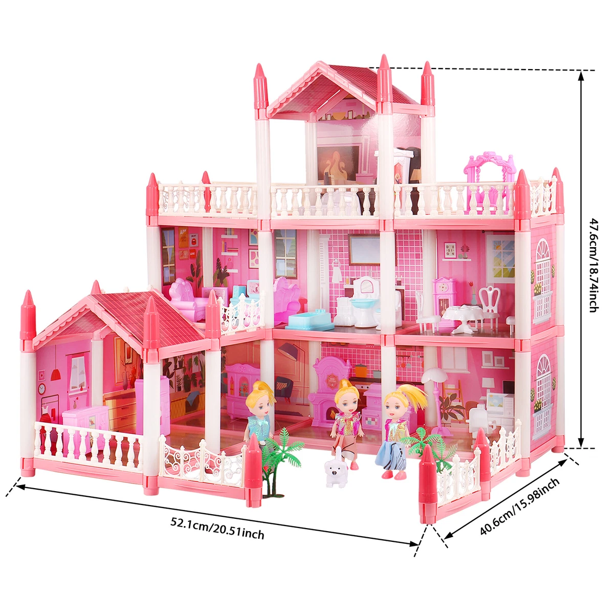 DIY Doll House 3 Story 9 Rooms Princess Dream Castle Pink DIY