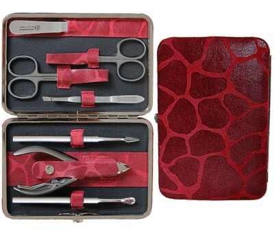Real Leather Red Leo-Pattern Manicure Set Richard Jäger 7-tlg Manicure Case Inox