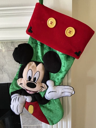 Disney Parks Mickey Mouse Christmas Stocking 21" 3D Plush Green Red