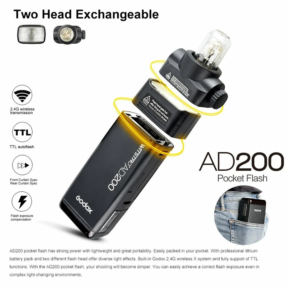 Godox AD200 2.4G TTL 1/8000s HSS 2900mAh Double Head Pocket Flash Speedlite US - Image 4 of 4