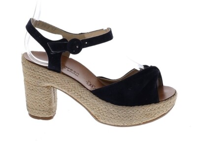 Paul Green Black Suede Espadrille Woven Block Heel Sandals Size