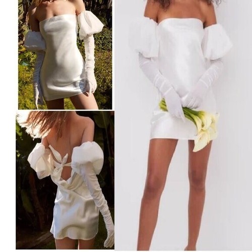 NWT FOR LOVE & LEMONS HAZEL WHITE SATIN MINI LENGTH BRIDAL DRESS SIZE XS