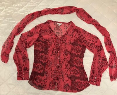 CAbi 254 Women Pink Red Long Sleeve Blouse Top Size M Small Tie Neck Button Down
