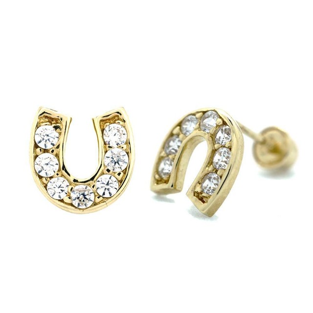 Genuine 14k Yellow Gold Horseshoe CZ Stud Earrings Men Women Animal