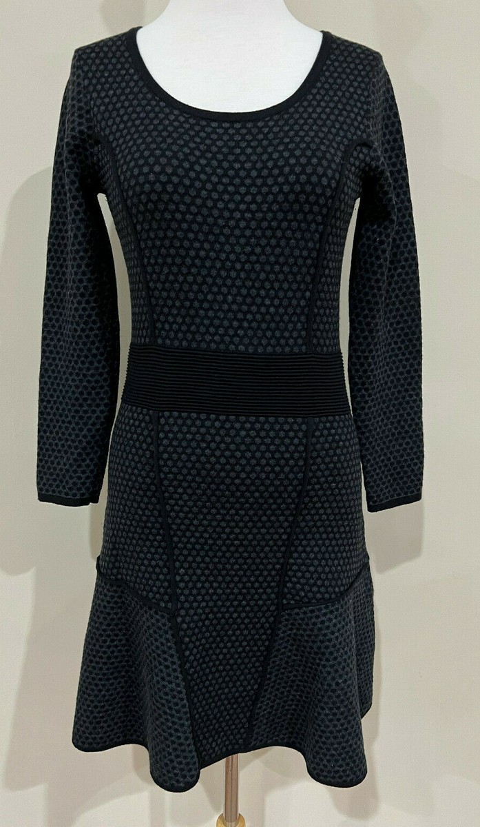 Sandro Knit Scoop Neck Knit Swing Dress Black & Gray Dots Cotton-Blend Size  1
