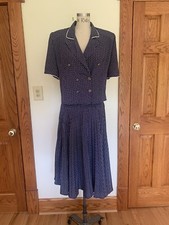 Vtg Womens polyester Navy Polka Dot Matching skirt set  12/38  Made in England