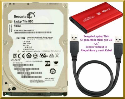 Festplatte 500GB: SEAGATE Thin ST500LM021 2,5'' in NEUEM ext. Alugehäuse USB 3.0