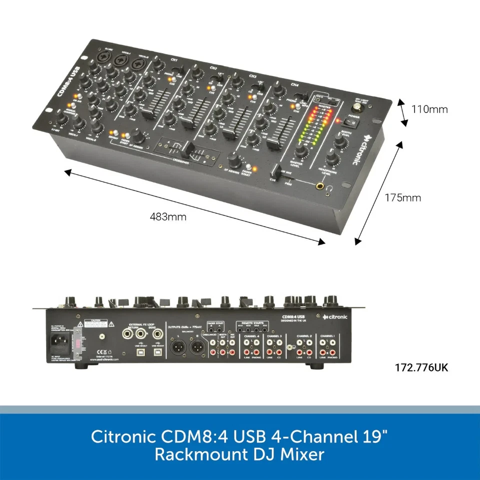 Citronic CDM8:4 USB 4-Channel DJ Mixer 19" Rackmount 14 Input Karaoke Mic Echo - Image 4 of 4