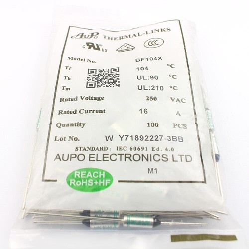 2Pcs AUPO BF104X Thermal Fuse Links Axial Lead TF Cutoff 104℃ 104C 250V 16A - Bild 3 von 4