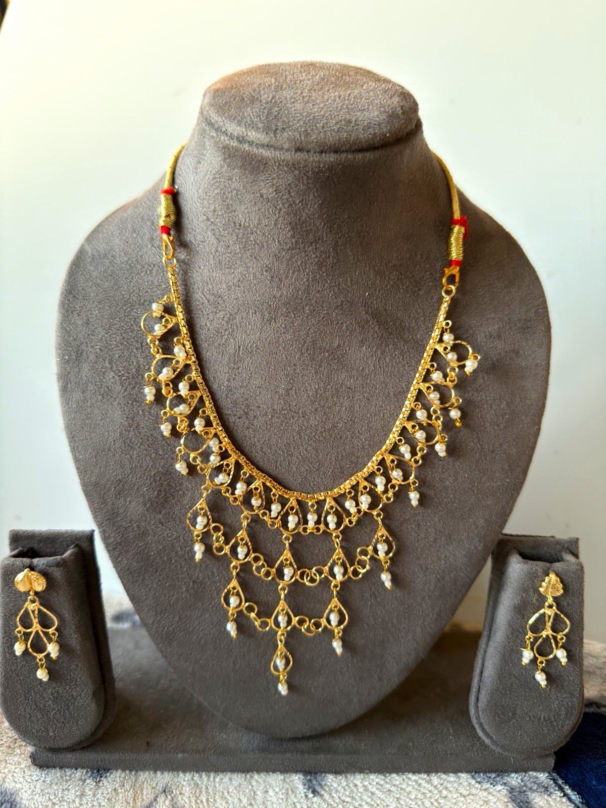 Gold Plated White Round Pearl Necklace & Drop Earrings Jewellery Set