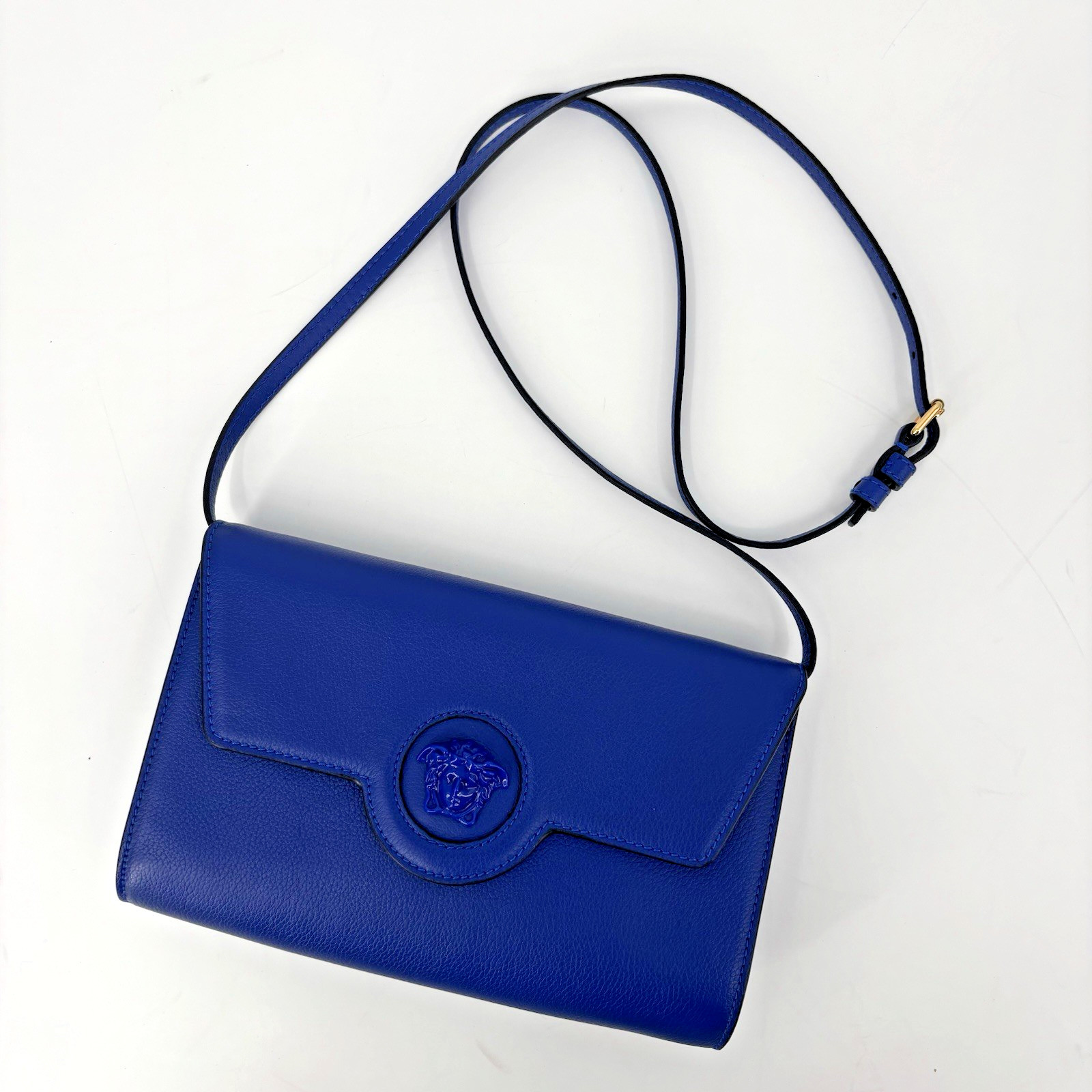 Versace Blue Calfskin Leather La Medusa Crossbody Bag Authentic From Japan