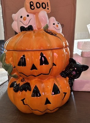 David's Cookies Halloween Cookie Jar 12'' Tall Jack O Lantern BOO Cat Ghosts NEW