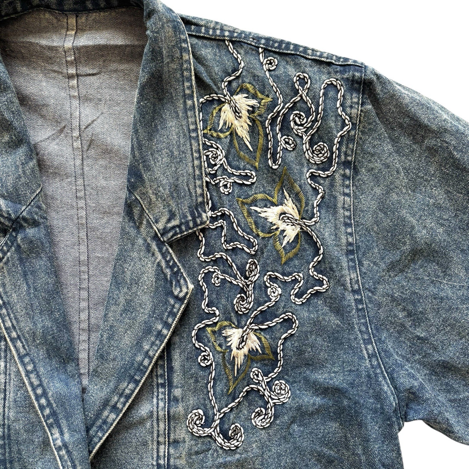 Womens Vintage Acid Wash Denim Blazer Jacket Embroidered Retro Mod Indie 16 image 2