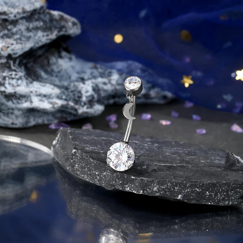 Belly Button Ring Dangle 14G Titanium CZ Curved Barbell Navel Piercing Jewelry - Image 3 of 4