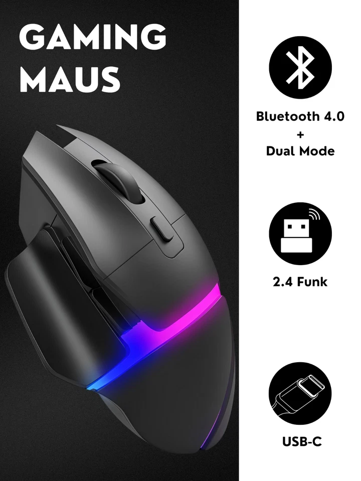 Bluetooth Gaming Maus Kabellos RGB Ergonomisch Funk 2.5G Schwarz Gaming-Maus - Bild 2 von 4