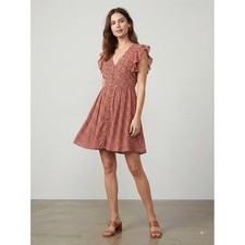 Madewell Pintuck Ruffle-Sleeve Mini Dress Rust Red Floral V-Neck XXS Pockets