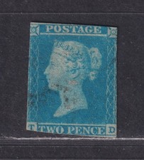 Product Image: Great Britain SG 14 Scott 4 Used 1841 2d Blue Victoria Imperf T-D CV £100
