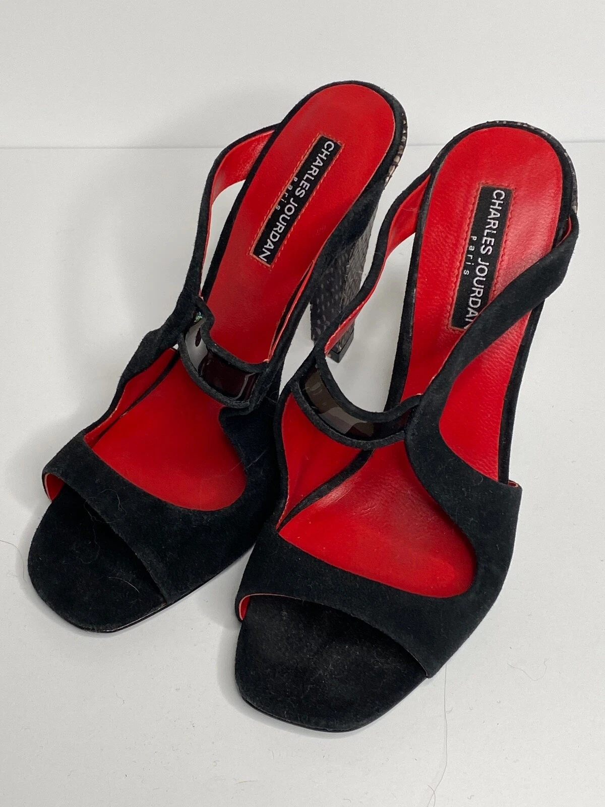 JORDAN Charles Jourdan sandali scamosciati nero rosso 8M NUOVI