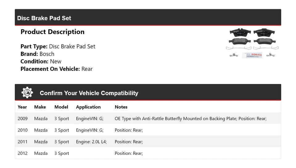 Pastillas de freno traseras semimetálicas para Mazda 3 Sport Bosch QuietCast 2009-2012 2010 Foto 2 de 4