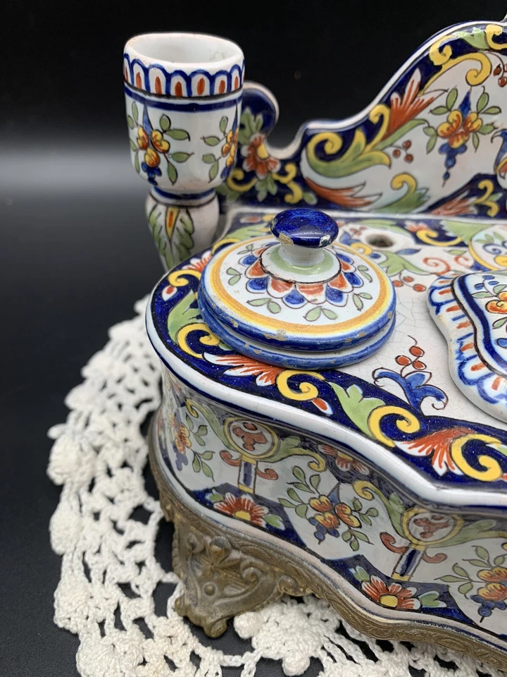 Écritoire Ancien 2 Lumières En Faïence Polychrome Manufacture Fourmaintraux 1800 - Photo 4/4