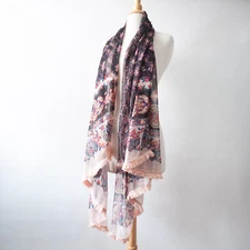 BCBGeneration Sheer Floral Bohemian Scarf with Pink Fringe