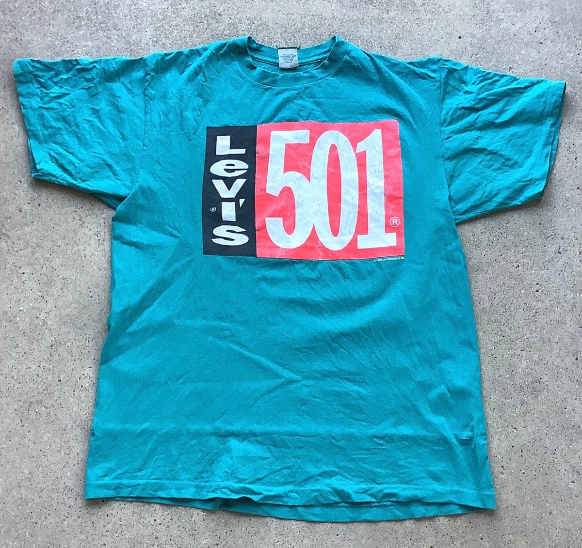 Vtg 90s Levi s 501 T Shirt Single Stitch Promo Teal Distressed 