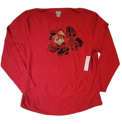 Chico's XL Red Top Shirt Flower Lightweight Long Sleeve Holiday New With Tags