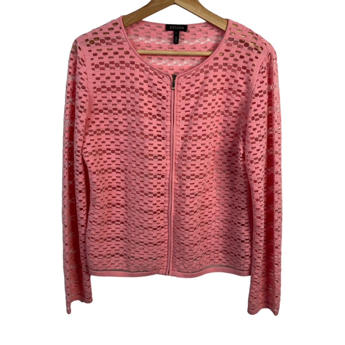 Escada Cardigan Sweater Women Large Coral Pink Sheer Zip Up long 