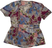 Floral Print Scrub Top Women  s XS Slit Pockets Lavender Gray Live Sweet Urbane