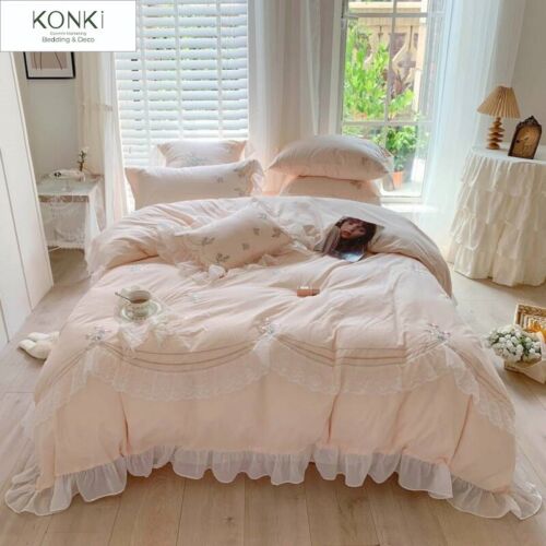 Princess Style Flower Lace Embroidery Cotton Duvet Cover Ruffle Bedding Set Pink