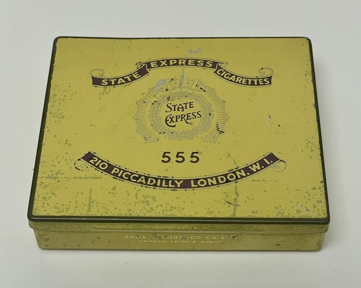state express cigarettes box VTG State Express 555 Cigarettes Advertising Litho Tin Box-Made in  London-1940s?
