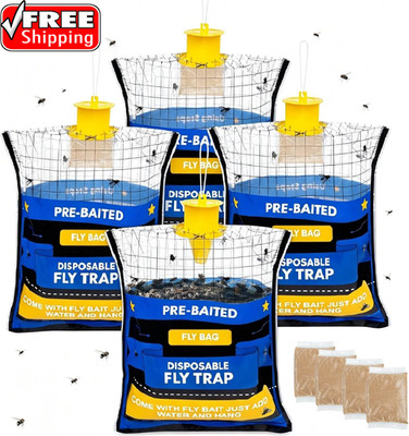 4 Pack Fly Traps Outdoor Fly Trap Bags for Patio with 4 Dissolvable Bait Refills
